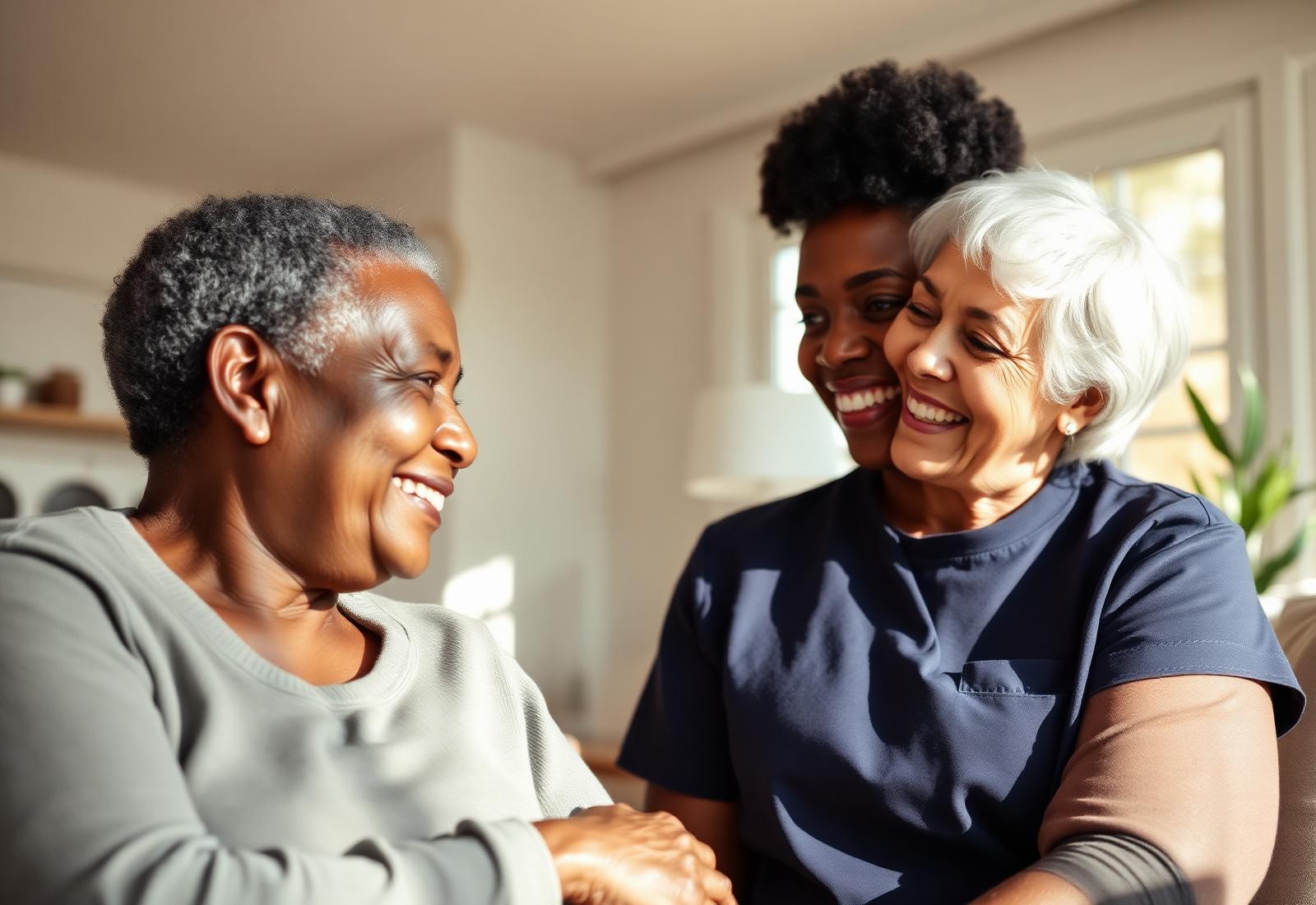 Haven Home Care carer laughing warmly with an elderly client in a sunlit living room.