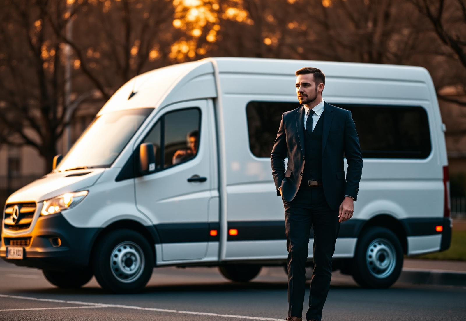 Silverline Logistics founder in a suit standing beside a delivery van at dusk.