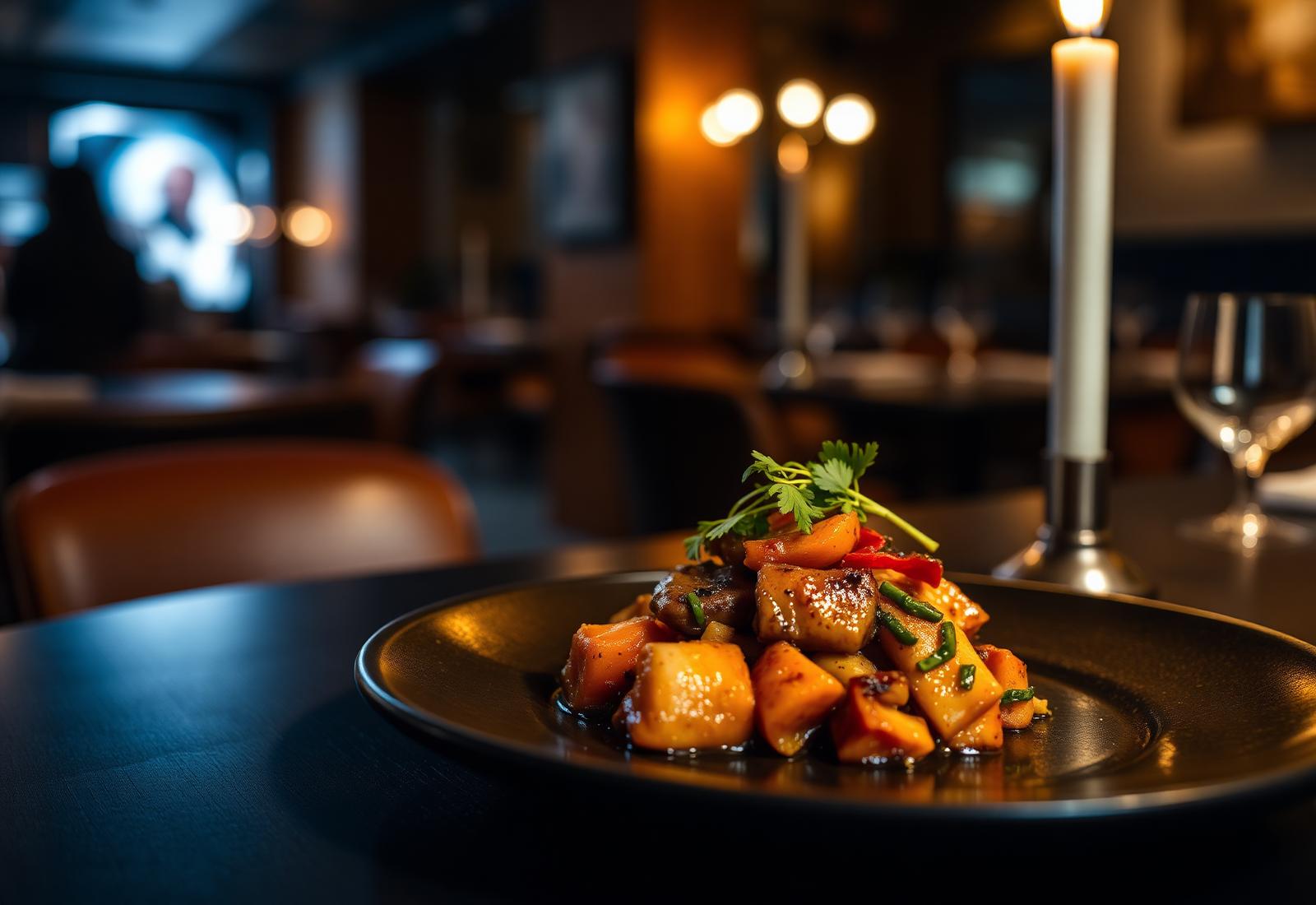 Elegantly plated Kalabari Kitchen dish on a candlelit restaurant table.